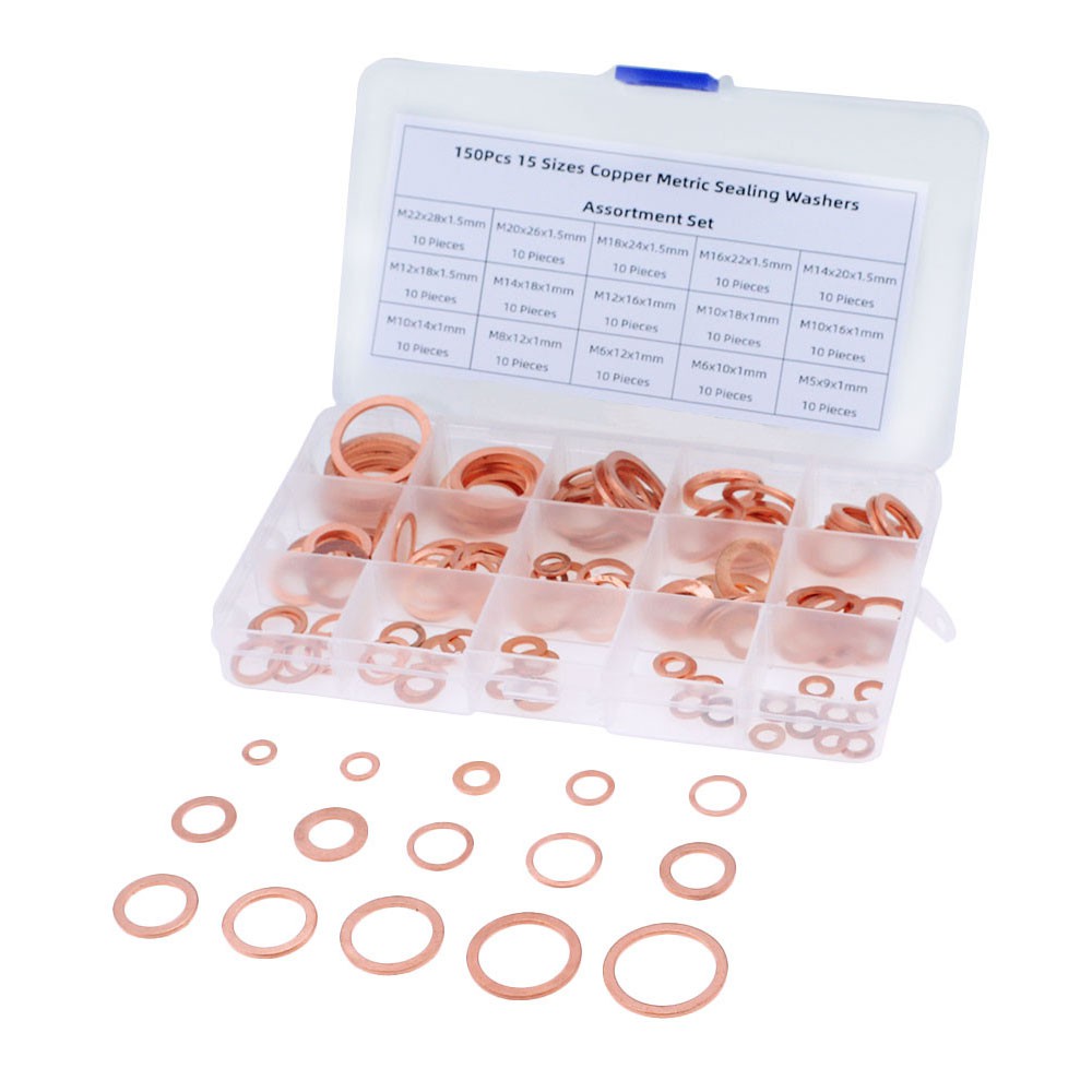 150PCS Copper Washer Gasket Nut And Bolt Set Flat Ring Seal Assortment