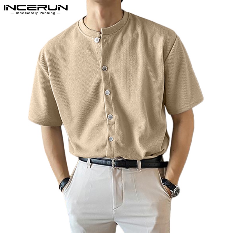 Incerun Men Korean Style Casual Short Sleeve Button Down Round Neck