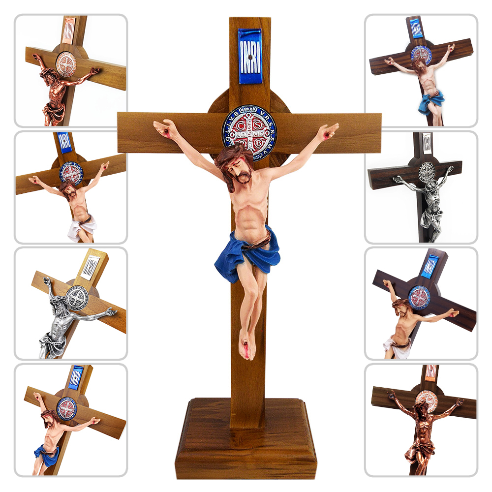 Kayu Cross Sitting Table Wooden Benedictus Medal Metal Coweding