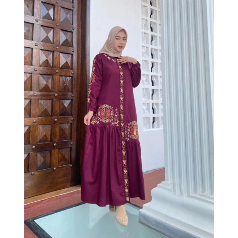 HITAM A F Gamis CRINKLE Embroidery Application Tilleh DRESS MUSLIM