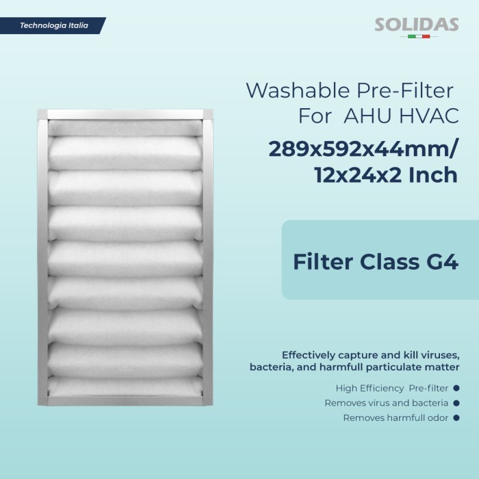 Solidas Washable Pre Filter AHU HVAC Class G4 289x594x46 Mm 12x24x2