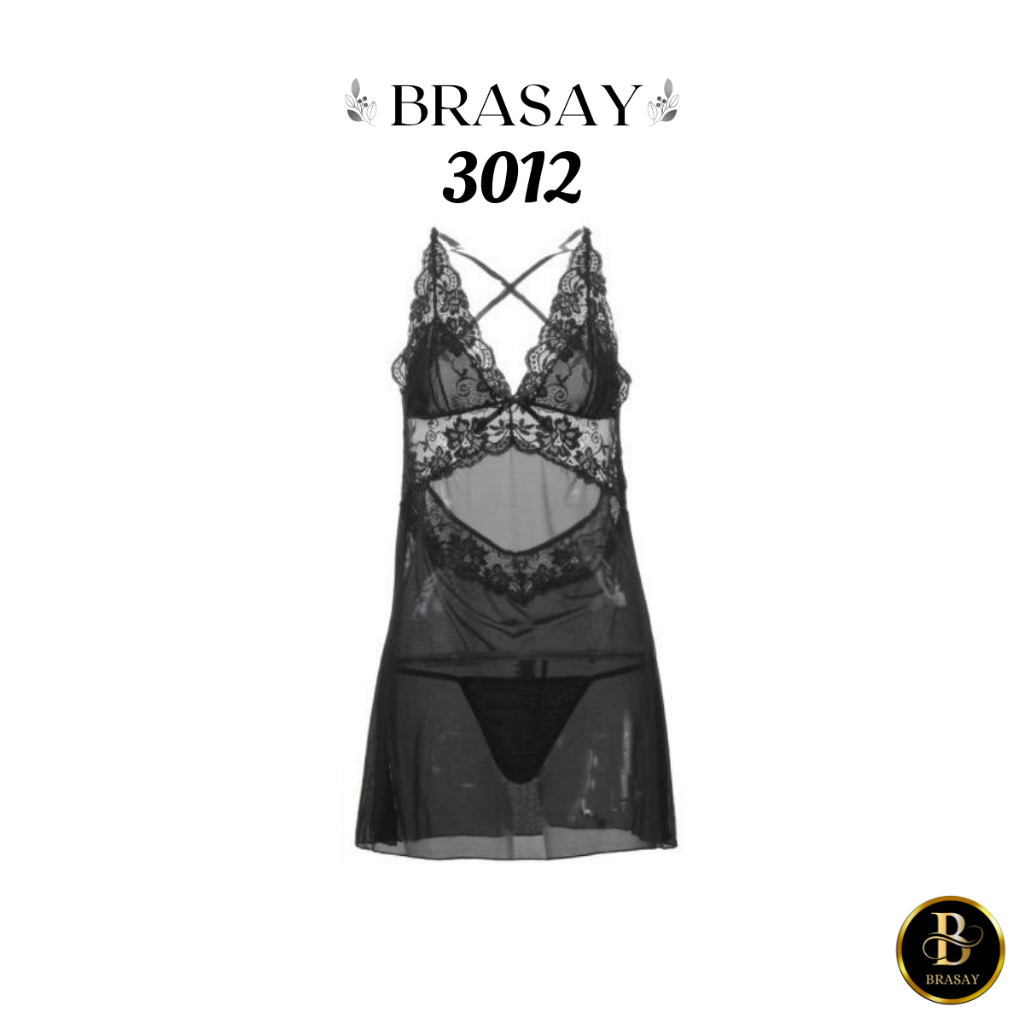 Brasay Set Lingerie Women Babydoll Deep V Neck Sleeveless Lace Accent G String Briefs