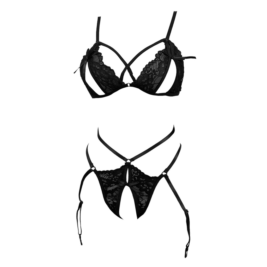 B Sexy Bra Set Bikini Bralette Black Open Cup Crotchless Garter Can