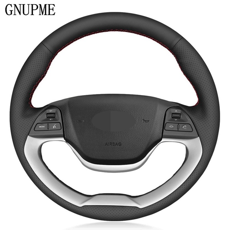 DIY Hand Stitched Black Artificial Leather Car Steering Wheel Cover For