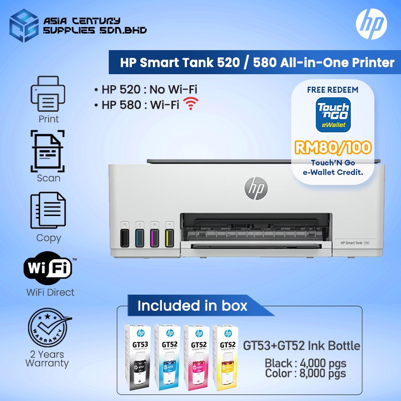 FREE RM80 RM100 HP Smart Tank 520 580 All In One Color Printer