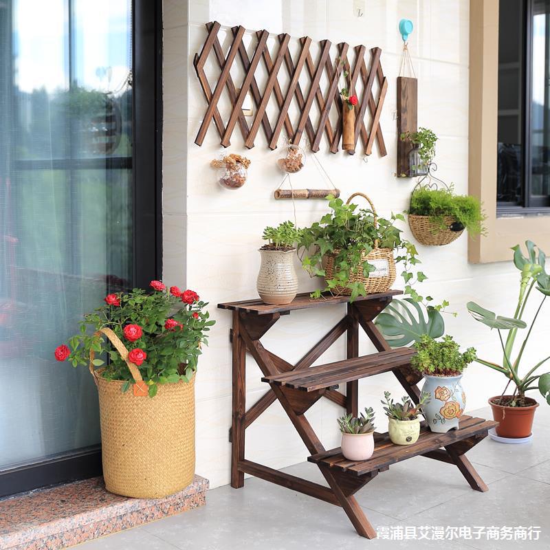 HY Carbonized Wood Flower Stand Succulent Balcony Flower Stand Ladder