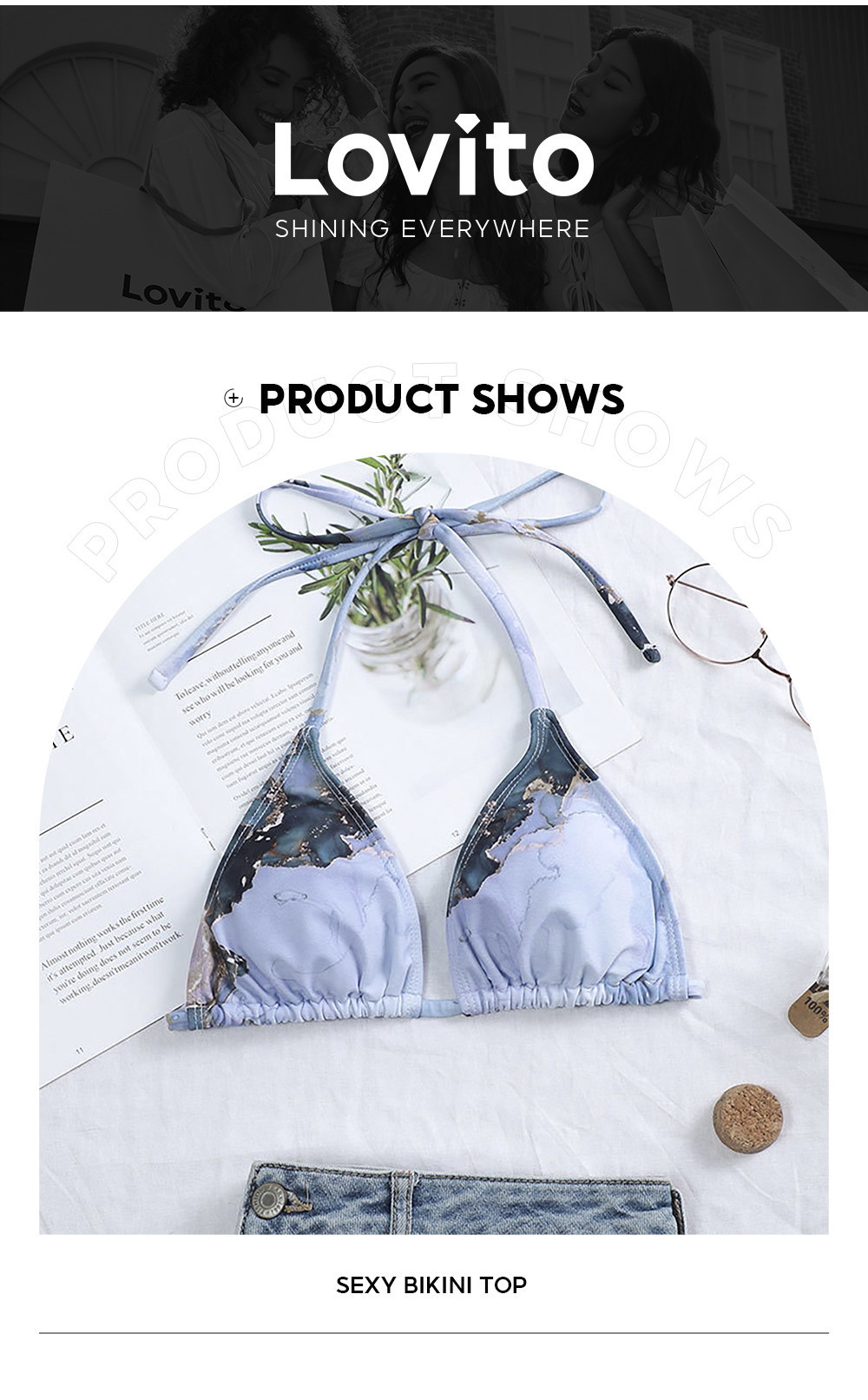 Lovito Sexy Bikini Top Marble Tie Back Bikini Top For Women LNL41019
