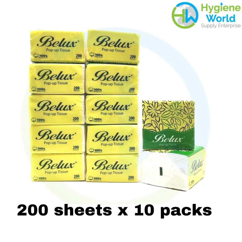 BELUX Pop Up Tissue 1Ply 200 SHEETS X 10 PACKS 100 Virgin Pulp FOR