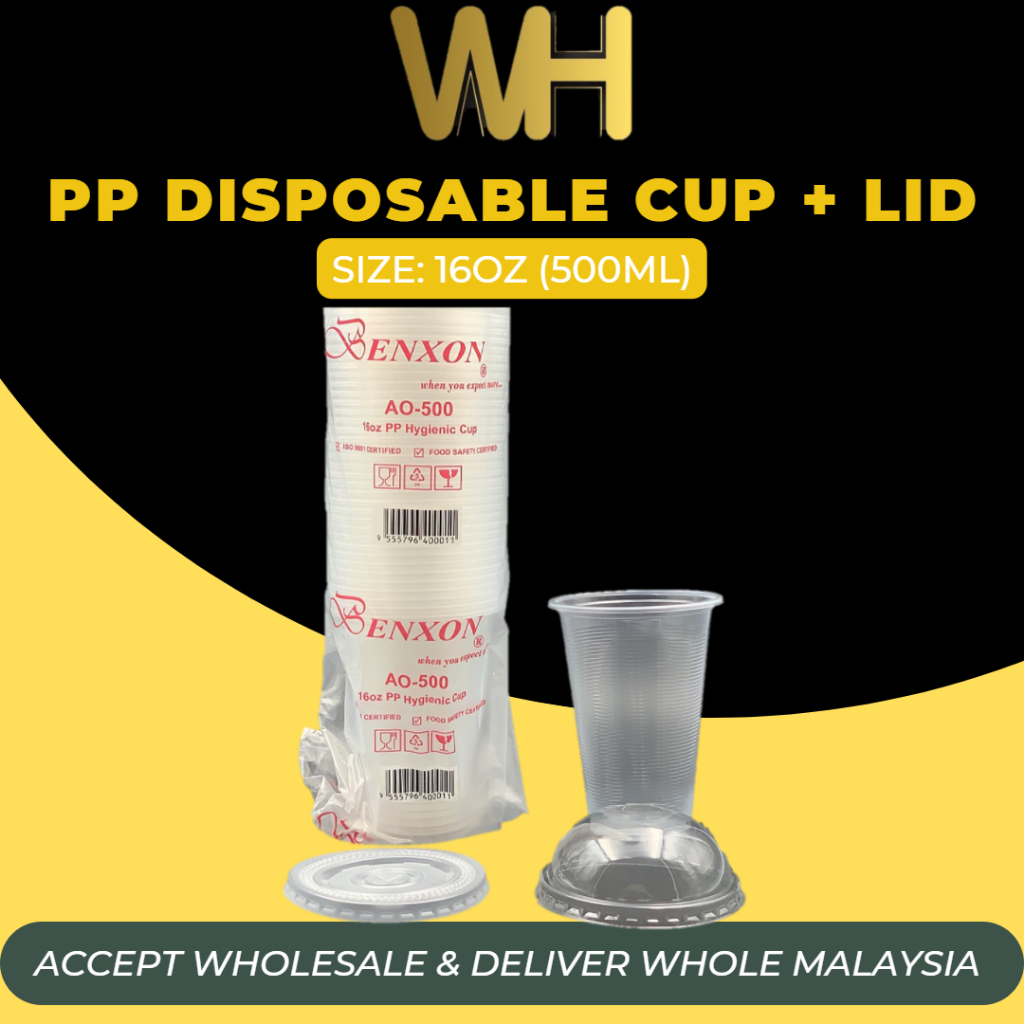 100 SETS BENXON 16OZ PP CUP WITH FLAT LID PP500 DISPOSABLE