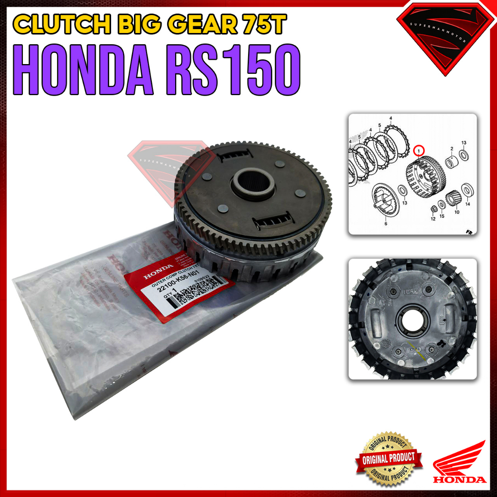 100 ORIGINAL HONDA RS150 V1 V2 CLUTCH GEAR 75T ASSEMBLY MANGKUK CLUTCH