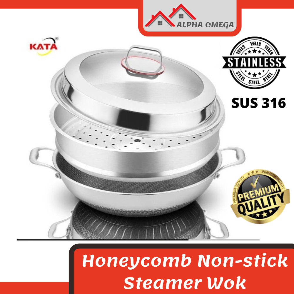 Kata Sus Stainless Steel Honeycomb Wok Non Stick Wok With Steamer