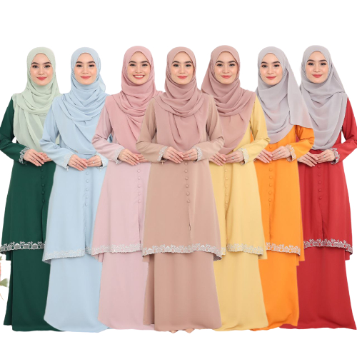 Baju Kurung Sulam Cotton Fursan Plain Hijau Baby Blue Pink Nude Kahwin