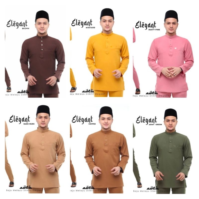 Baju Melayu Slim Fit Elegant Brown Mustard Dusty Pink Dark Nude