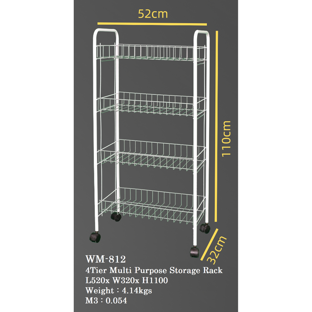 Ready Stock WM 812 4 Tier Rack With Roller Jimat Tempat Rak Dapur