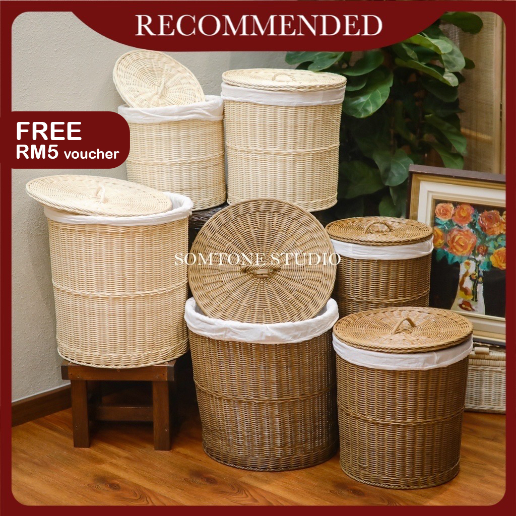 Round Rattan Laundry Basket With Cover Bakul Baju Laundry Cloth Basket