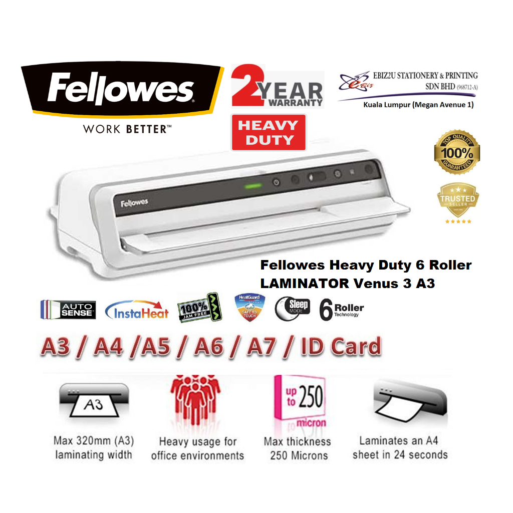 Fellowes Heavy Duty 6 Roller LAMINATOR Venus A3 Laminate Machine