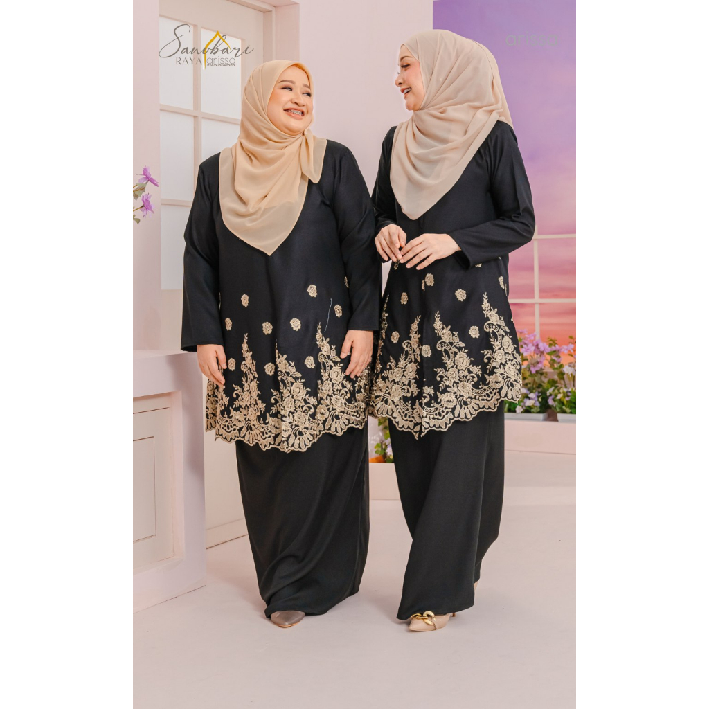 Baju Kurung Bercorak Sulam Black Ironless Saiz S Xl Plus Size Ready