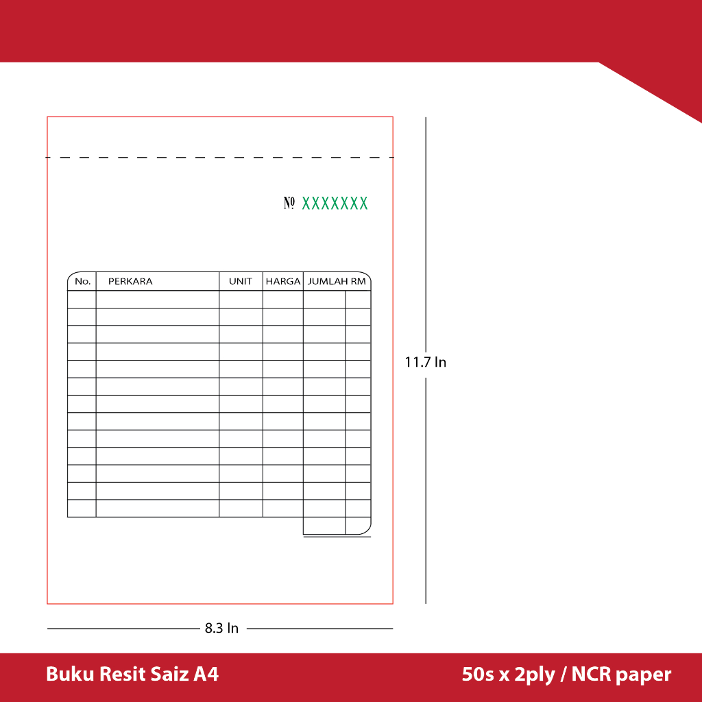 Buku Resit 2 Ply A4 X 50s NCR Paper 1 Color Printing Customade Bill