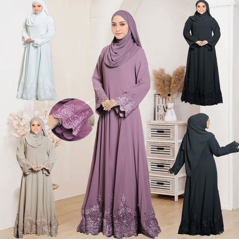 Eryna Abaya Premium Chiffon Embroidery Lace Jubah Muslimah Abaya Robe