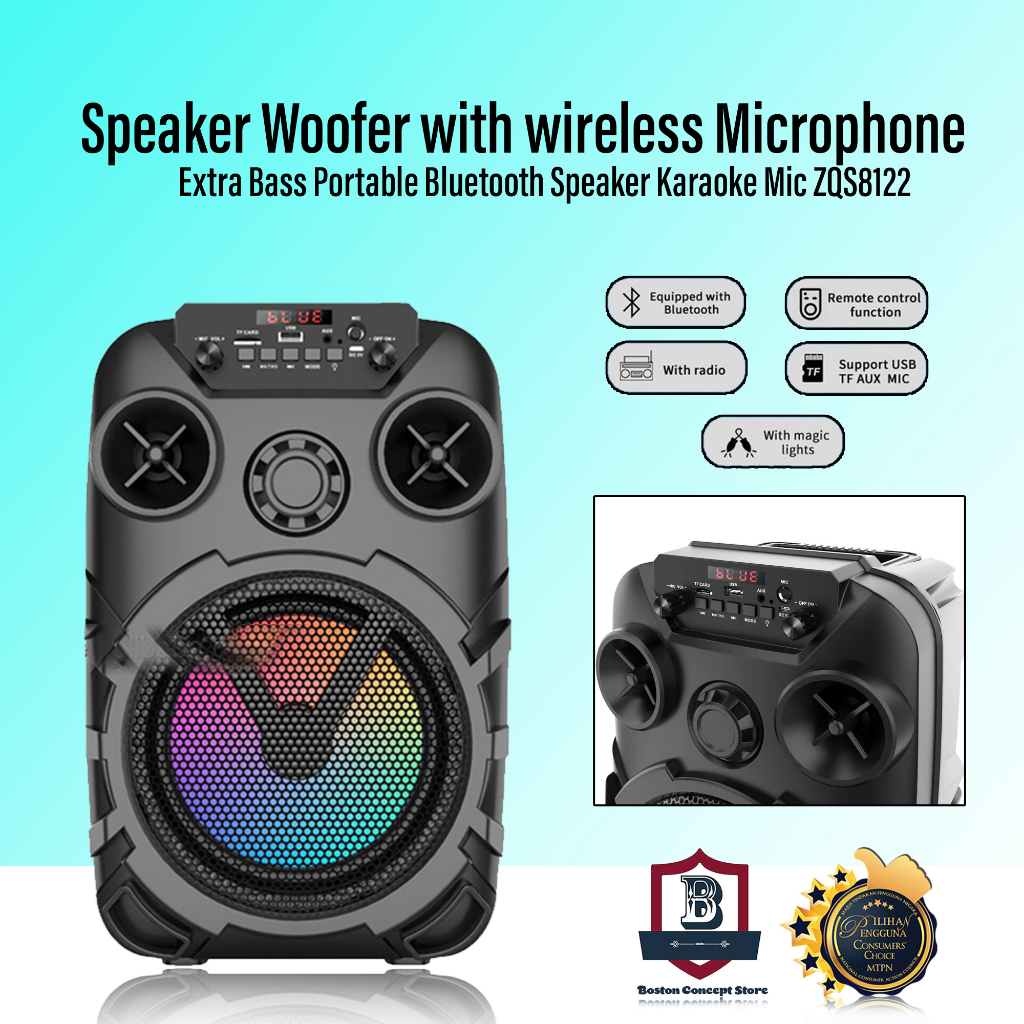 Zqs Inch Speaker Woofer With Wireless Microphone Extra Bass