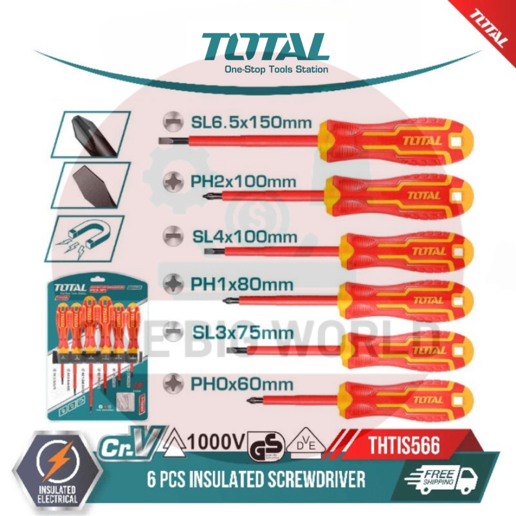 TOTAL 1Kv 6 Pcs Insulated Screwdriver Set Pemutar Skru THTIS566