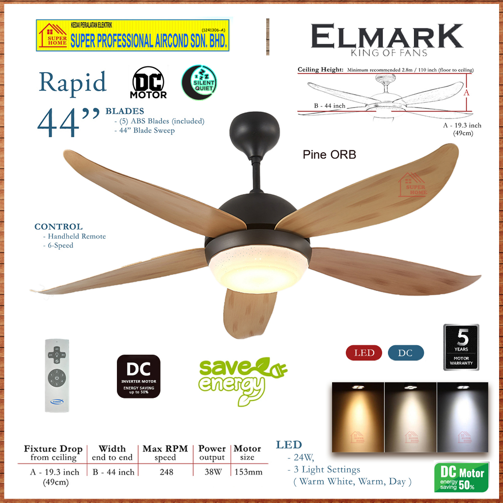 Elmark Remote Control Ceiling Fan With LED Light 24w Elmark RAPID