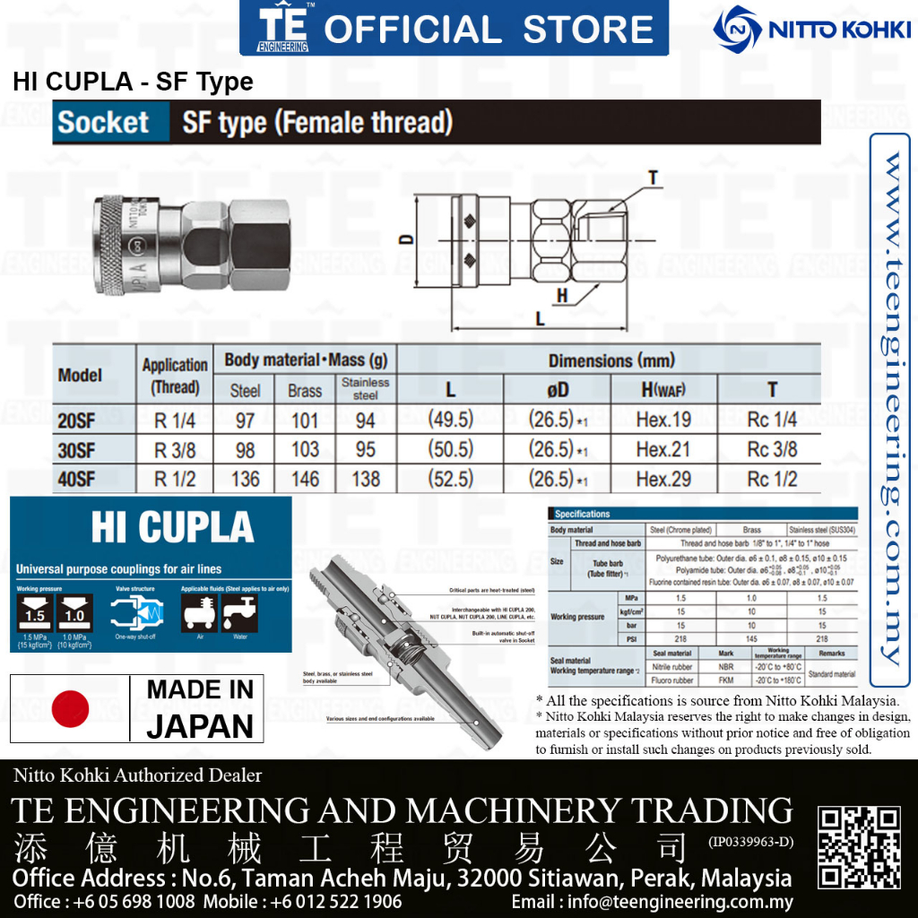 NITTO KOHKI SF Type Pneumatic Air Quick Coupler HI CUPLA 20 SF 30 SF