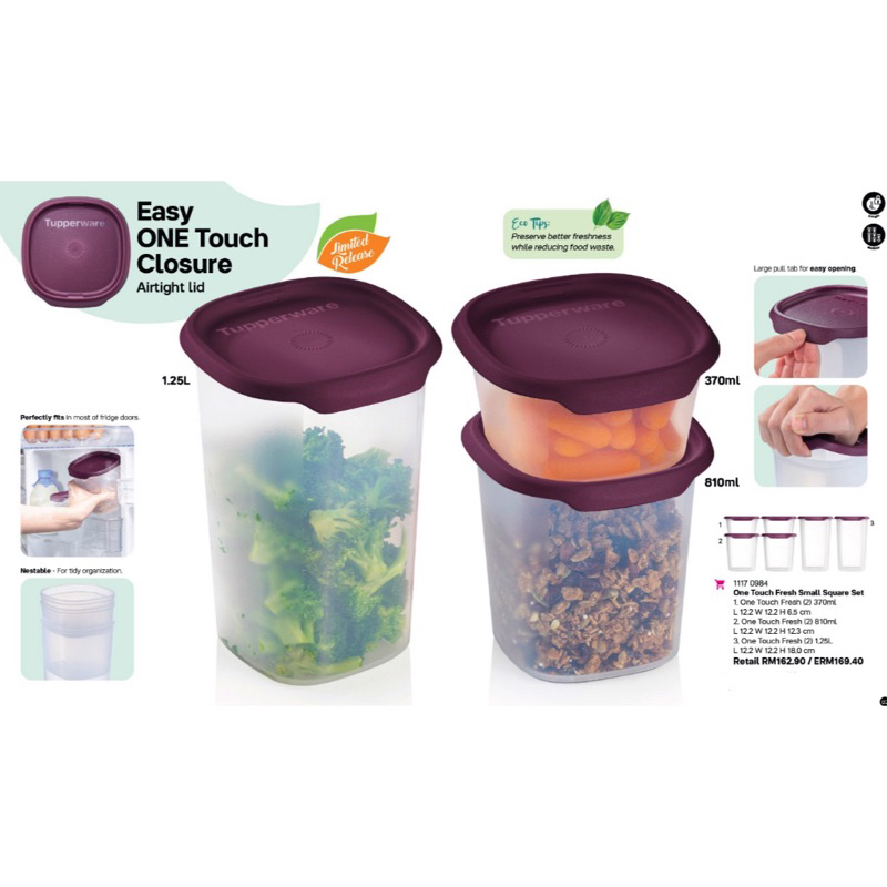 READY STOCK 6pcs No Box Tupperware One Touch Fresh Small Square Set