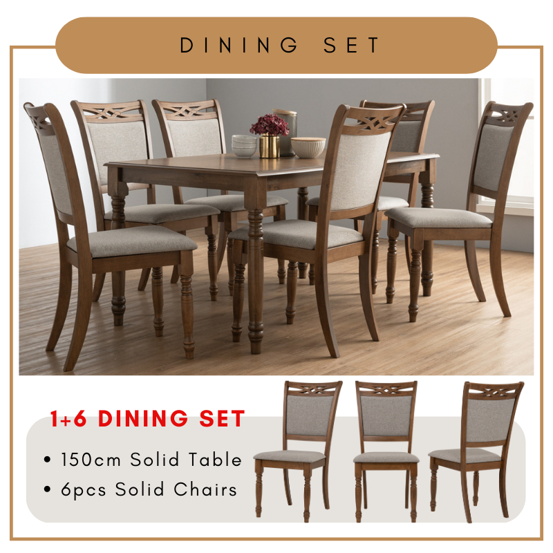 Alora Furniture UNOSE 1 6 Solid Wood Dining Set Meja Makan Kerusi