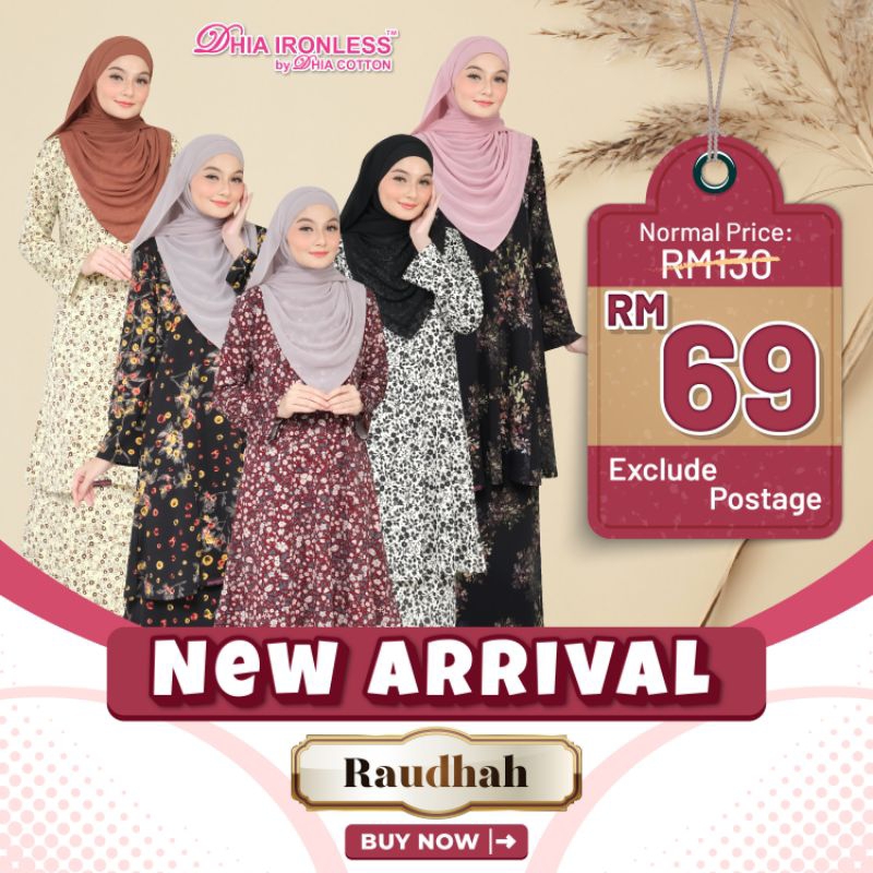 CORAK RAYA HAJI 2023 NEW RELEASE KURUNG IRONLESS RAUDAH BY DHIA COTTON