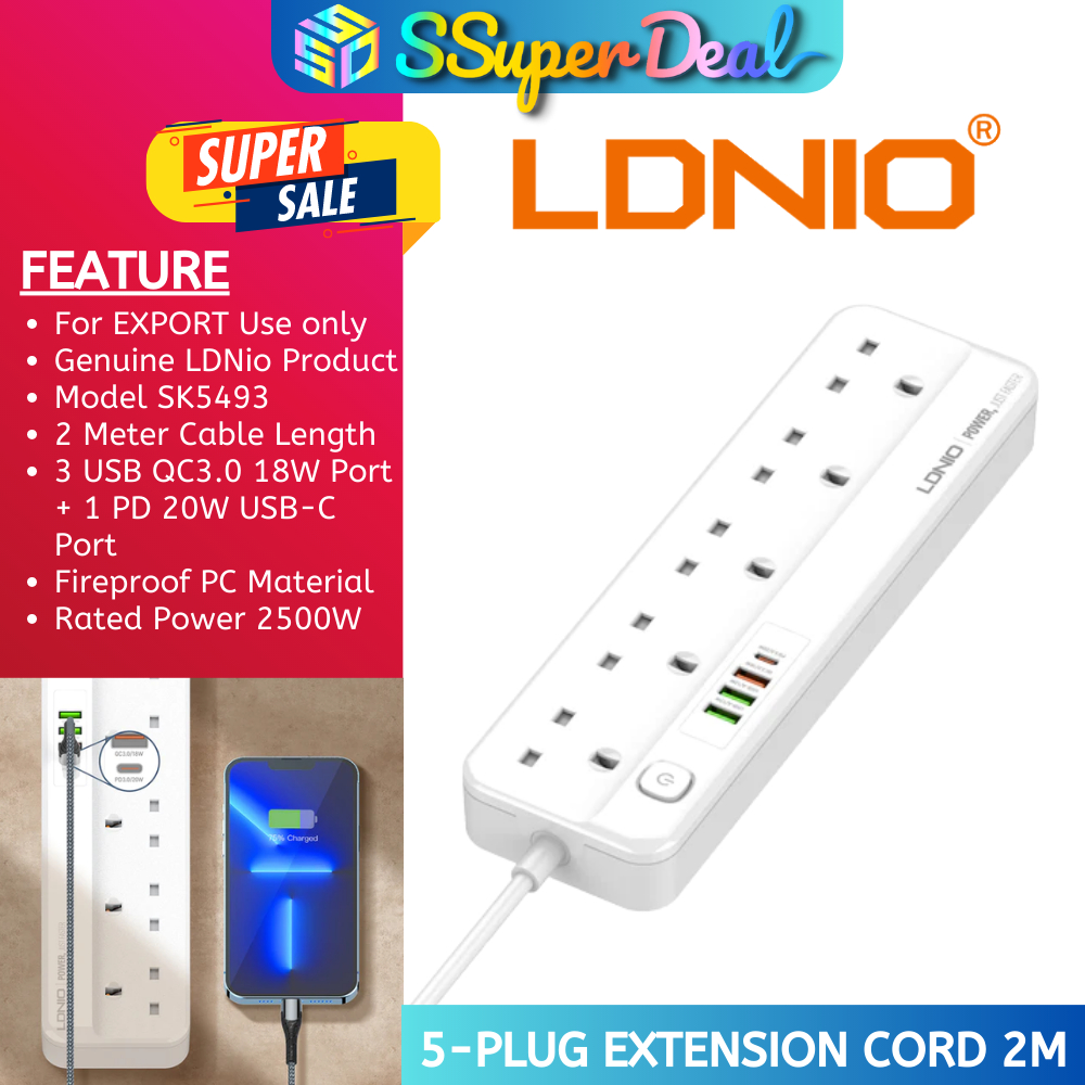 LDNIO SC5415 MULTI FUNCTION POWER STRIP WITH 5 POWER SOCKETS 20W PD