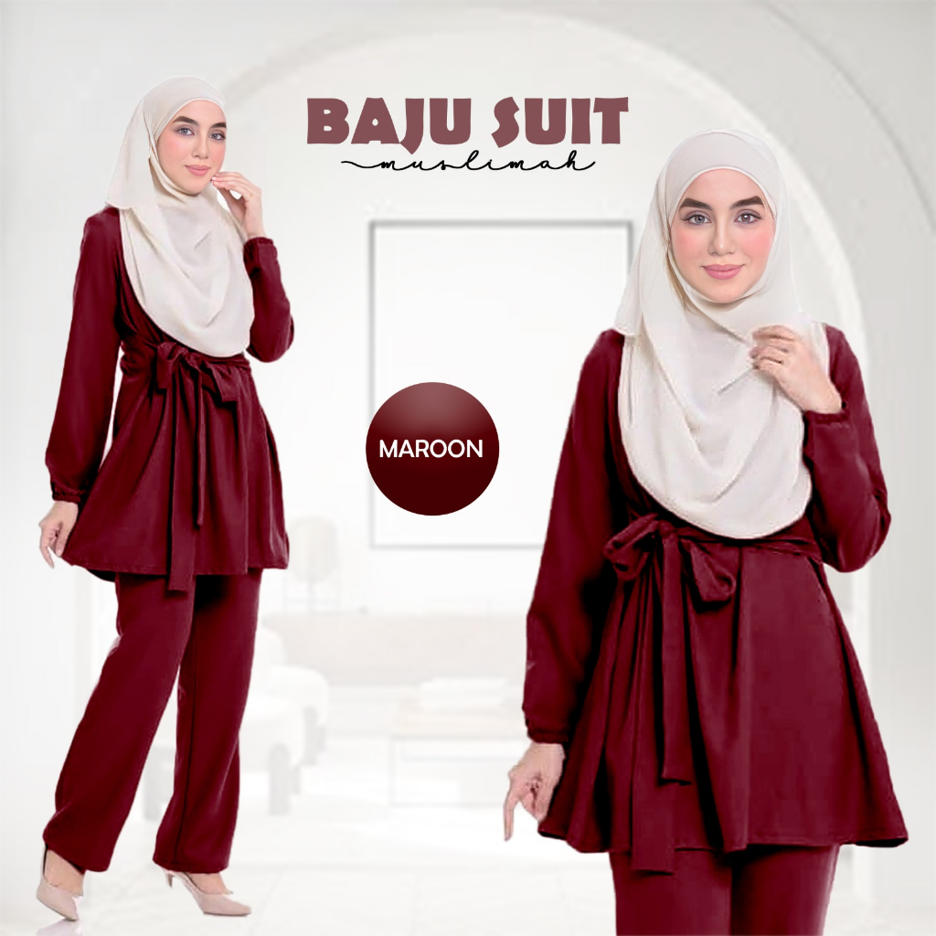 NEW BAJU SUIT MUSLIMAH BERTALI MURAH CASUAL RIBBON BLOUSE PANTS SET