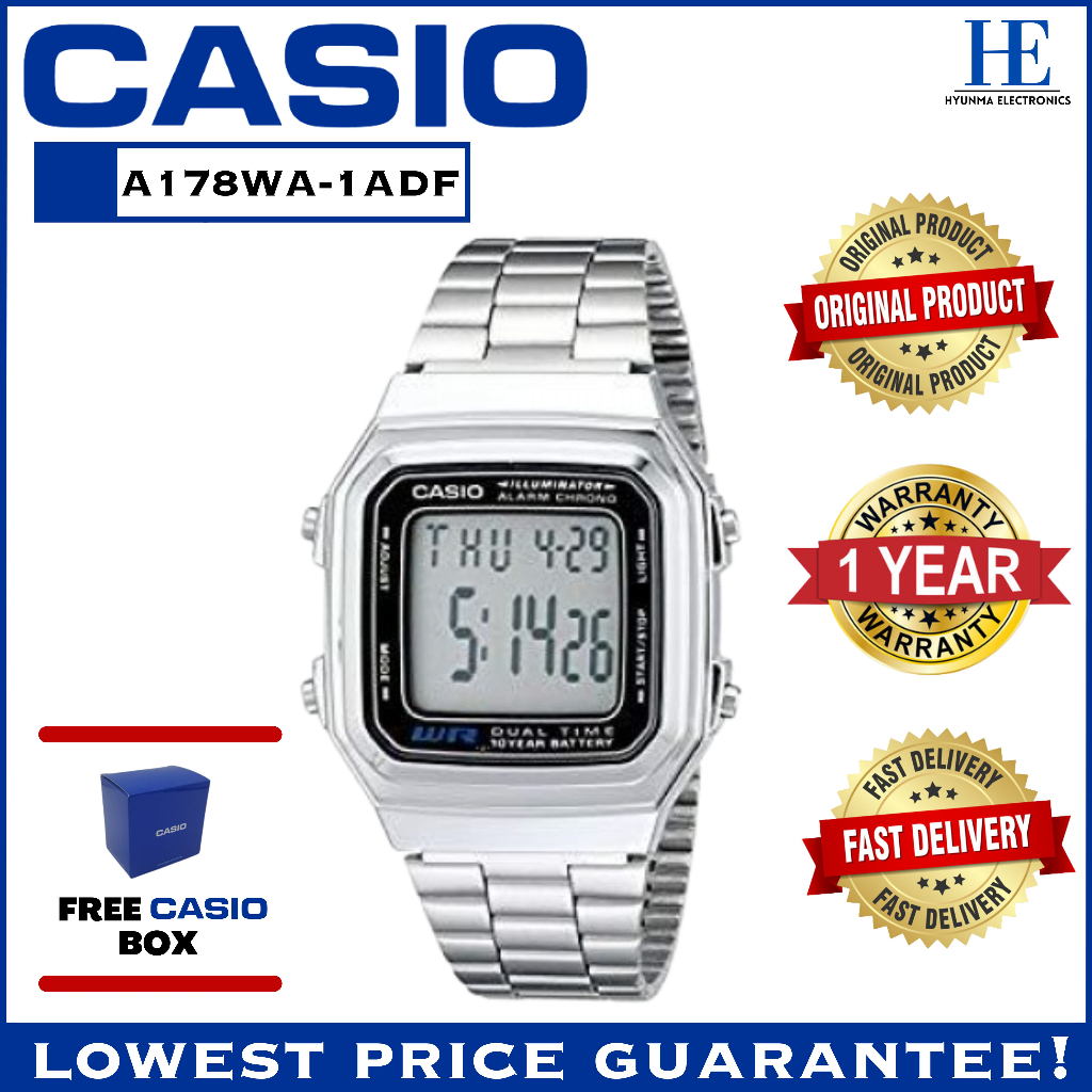 CASIO A178WA ORIGINAL MEN DIGITAL WATCH WITH AUTO CALENDER AND 1 YEAR