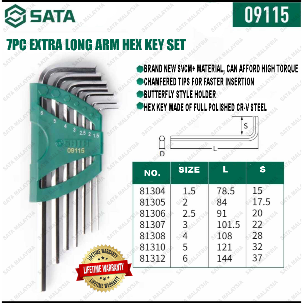 SATA Hex Key Set Ball Point Hex Key Set Arm Key Set Long Extra Long