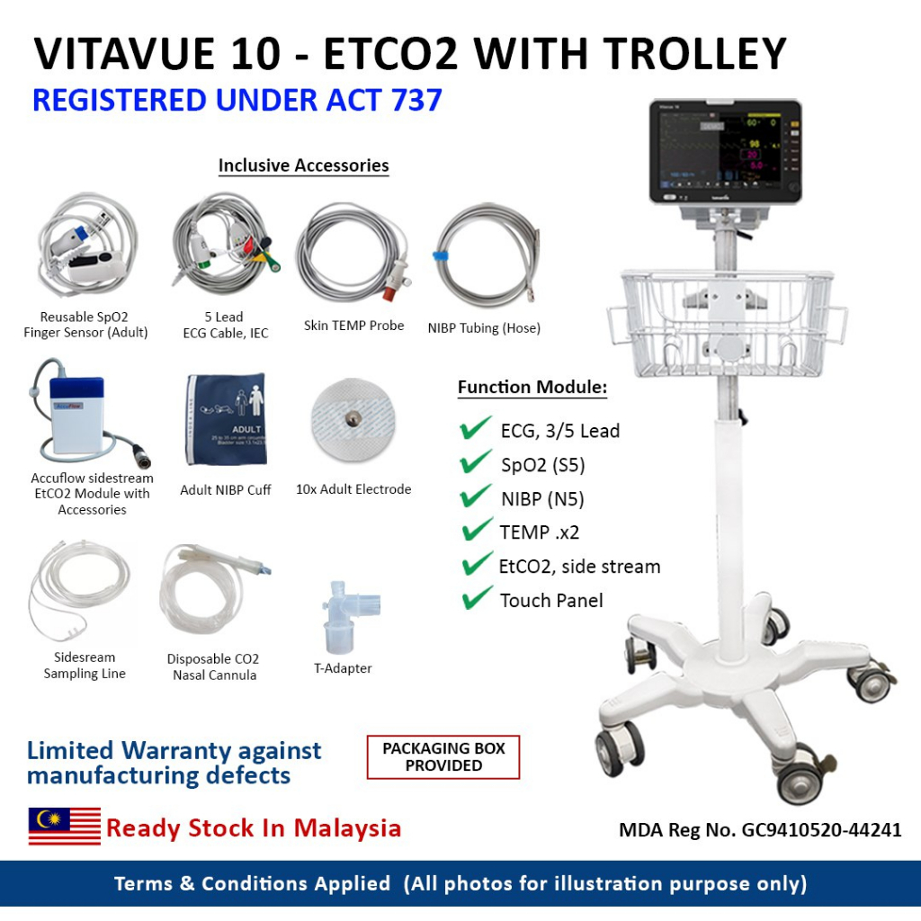 Vitavue 10 ETCO2 Portable Multi Parameter Patient Monitor With Trolley