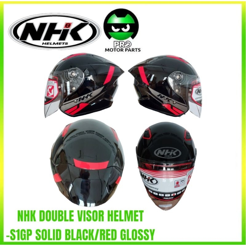 NHK S1GP SOLID R BLACK WITH RED GLOSSY TOPI KELEDAR NHK DOUBLE VISOR