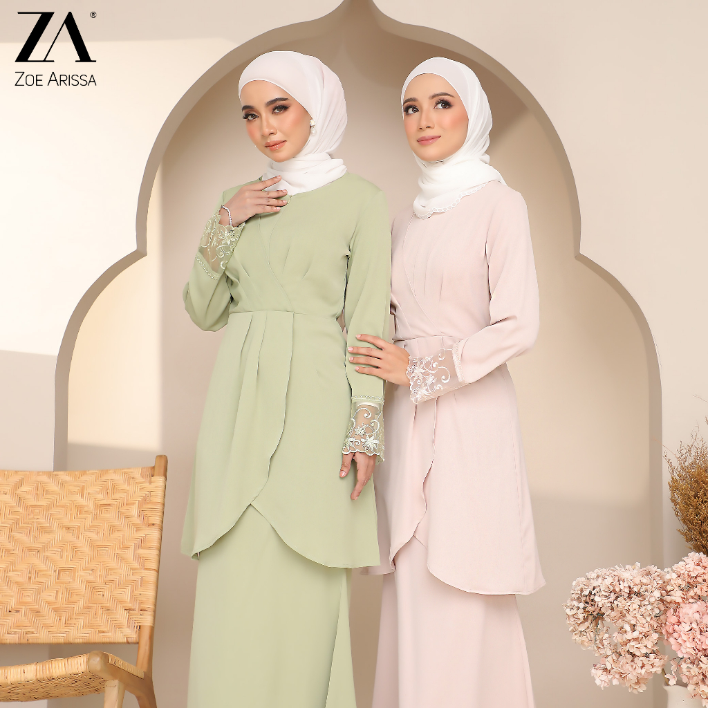 Zoe Arissa Baju Kurung Sulam Lace Baju Raya Haji Pastel Baru Plain