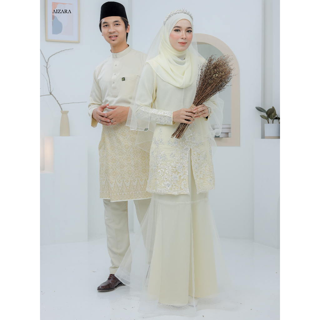 Set Couple Nikah Baju Kahwin Tunang Off White Kurung Moden Hadeeqa Baju