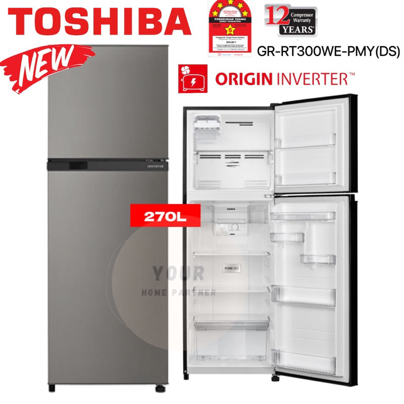 Toshiba Inverter 2 Door Fridge GR RT300WE PMV 270L Gross Capacity