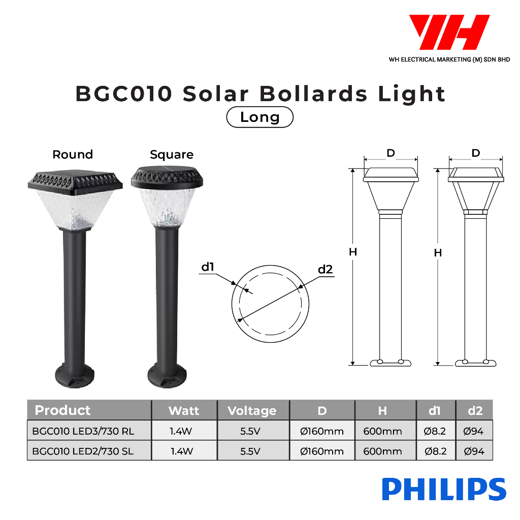 PHILIPS BGC010 Solar Bollards Light Solar Gate Top Light Round