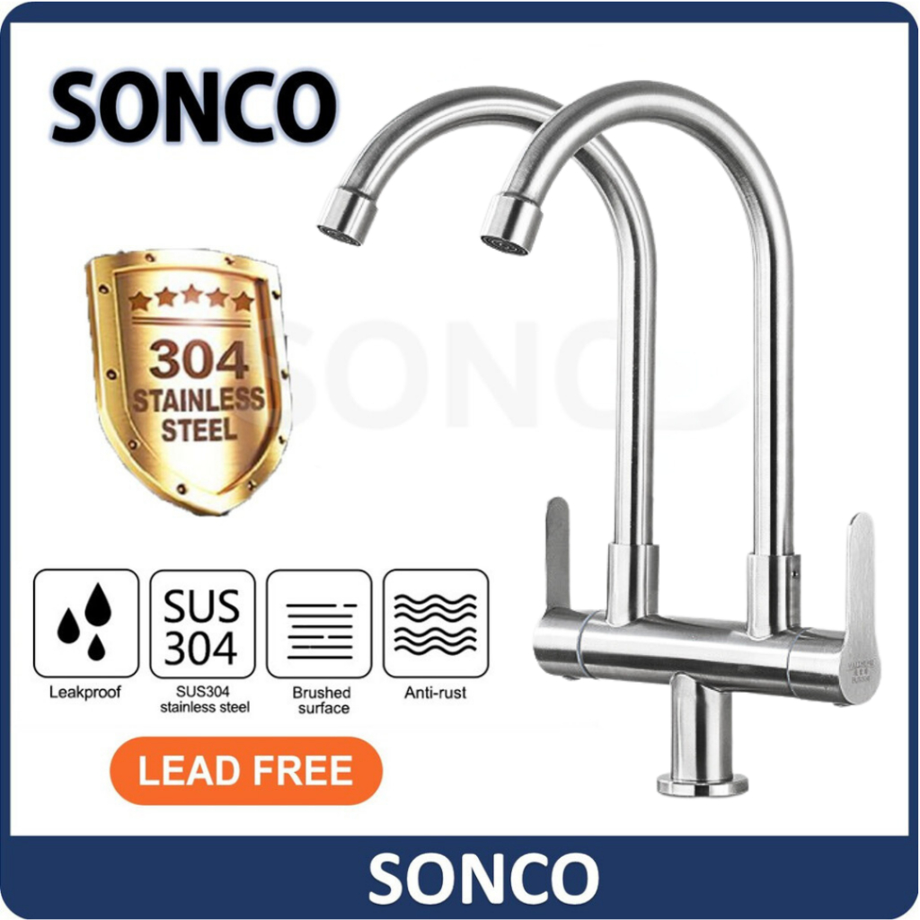 Sonco Stainless Steel Twin Double Pillar Mounted Tap Sink Tap Water