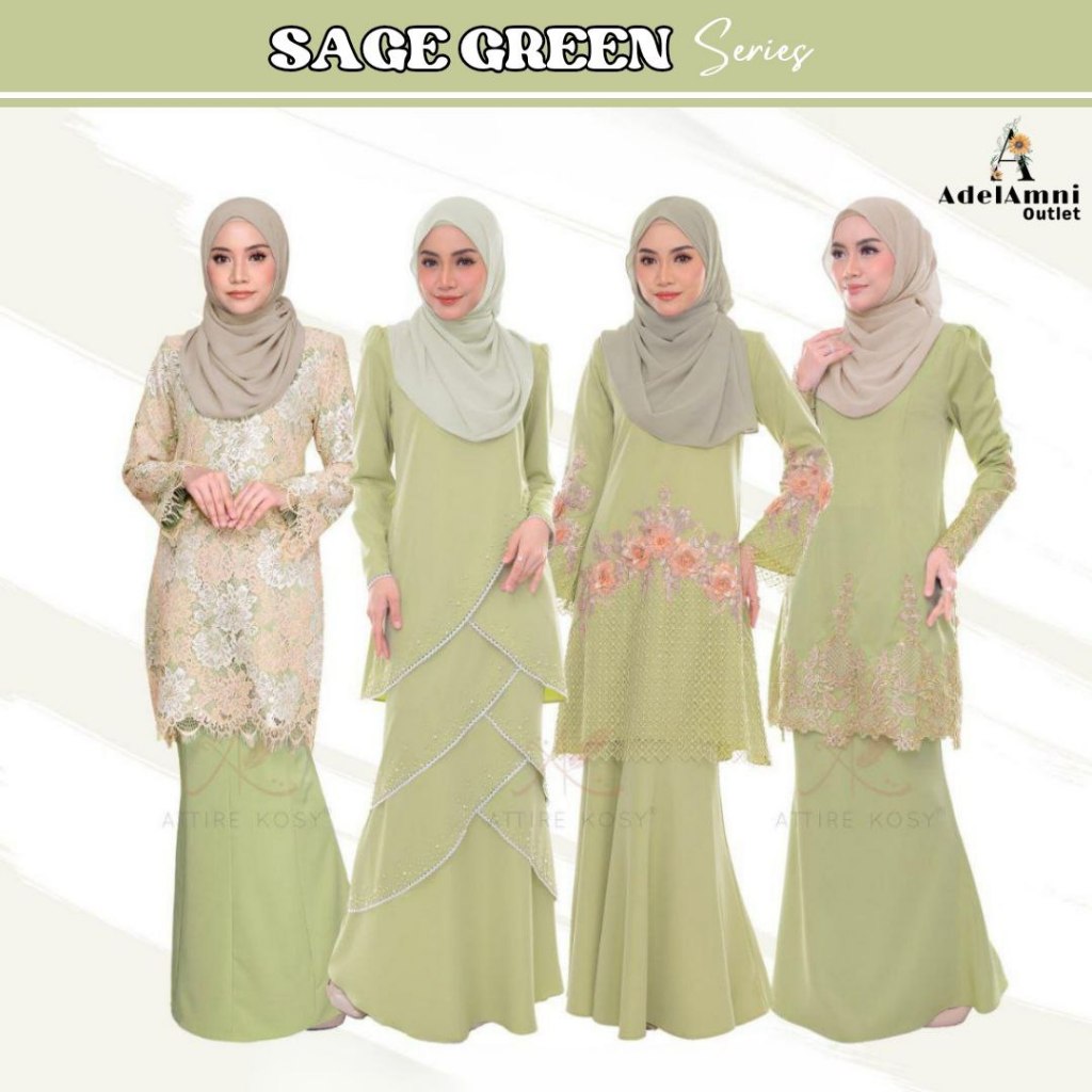 Tema Sage Green Baju Kurung Dewasa Plus Size Lace Moden Tunang