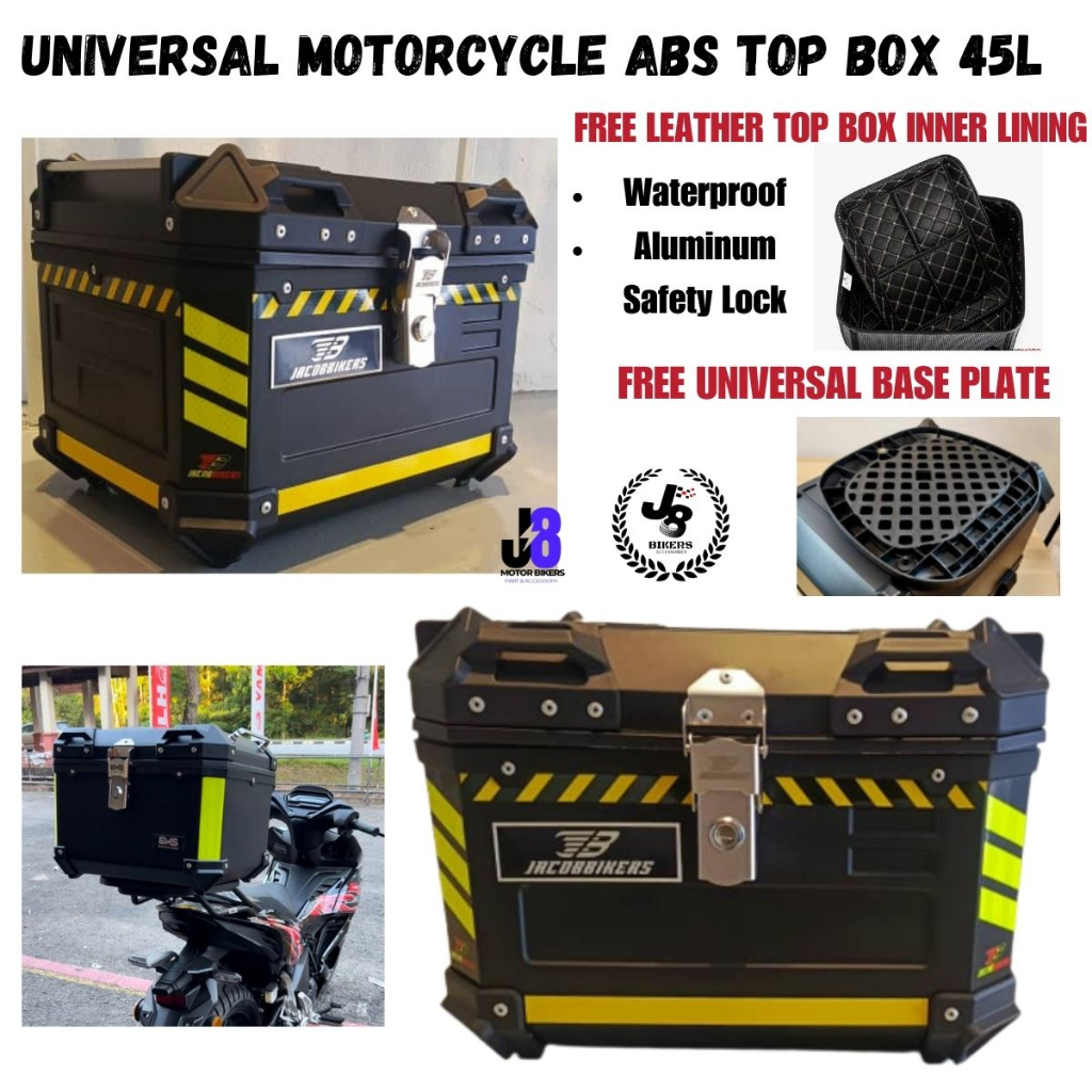 Motorcycle Top Box ABS 45L Waterproof Rack Aluminum Safety Lock For