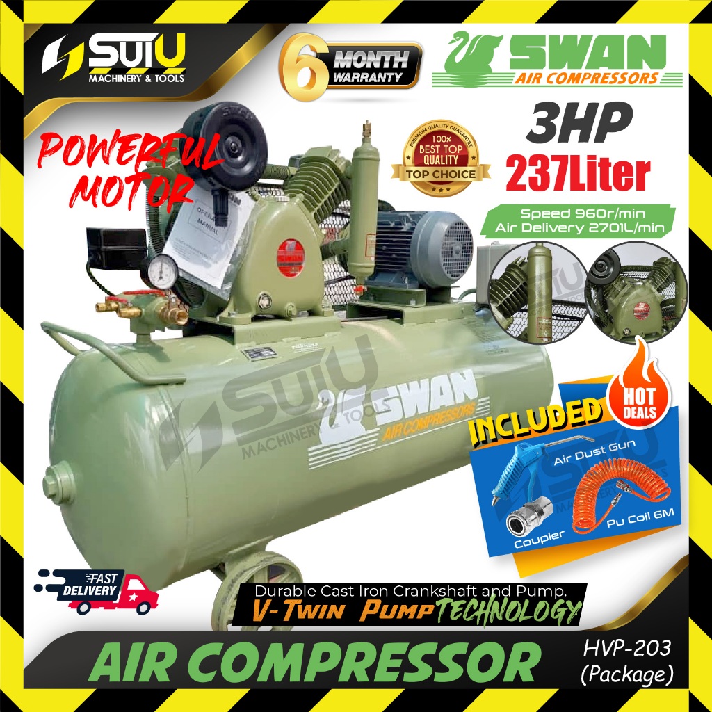 3 PHASE SWAN HVP203 HVP 203 237L 12 Bar 3HP Air Compressor