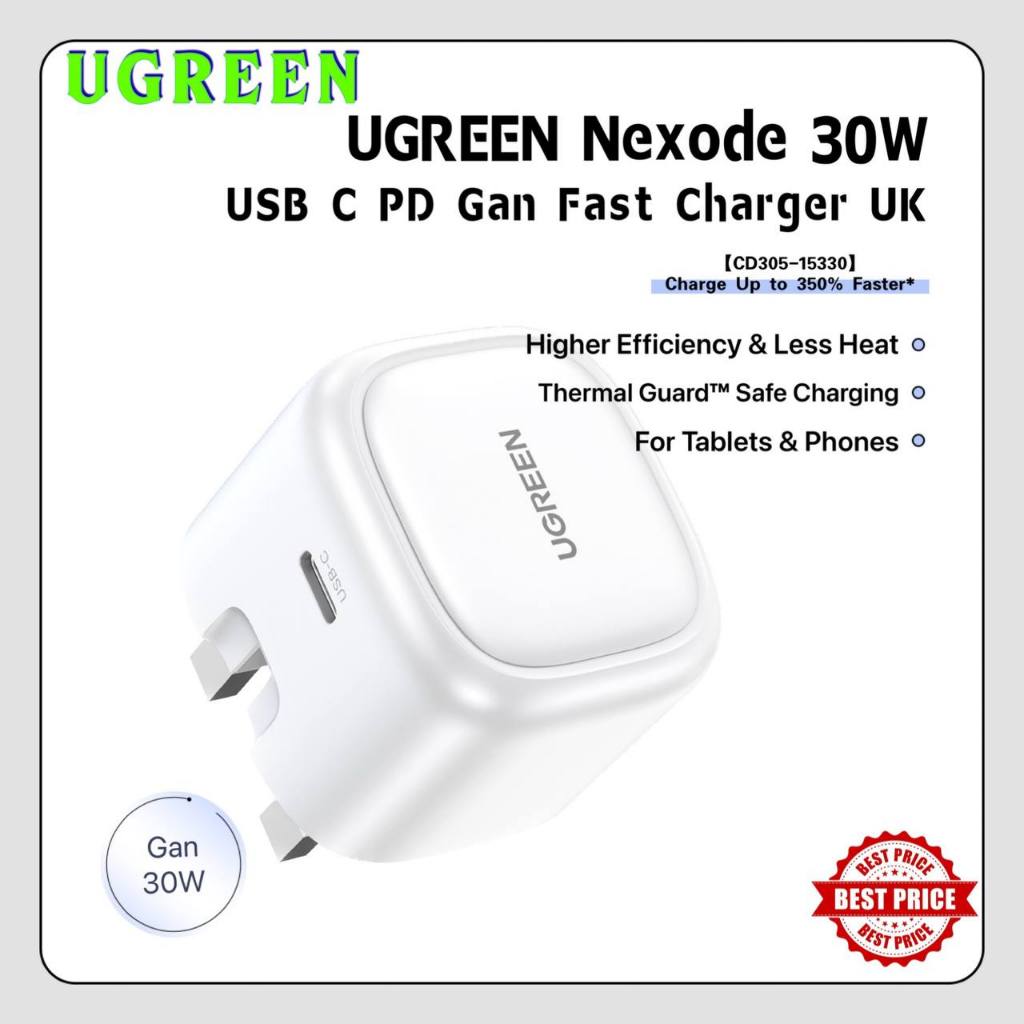 UGREEN NEXODE 30W USB C PD GAN FAST CHARGER UK White Shopee Malaysia