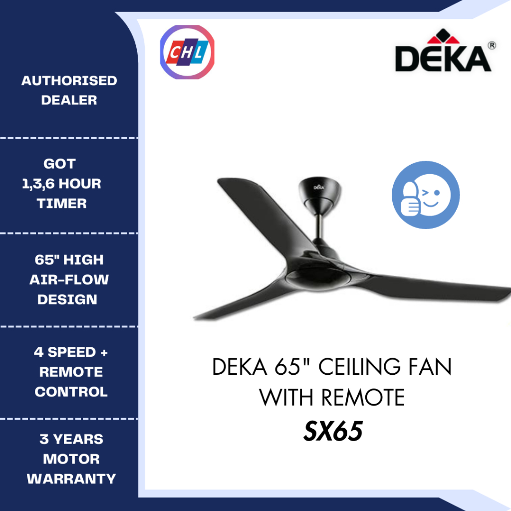 DEKA AUTHORISED DEALER 65 3 BLADE 4 SPEED CEILING FAN WITH REMOTE