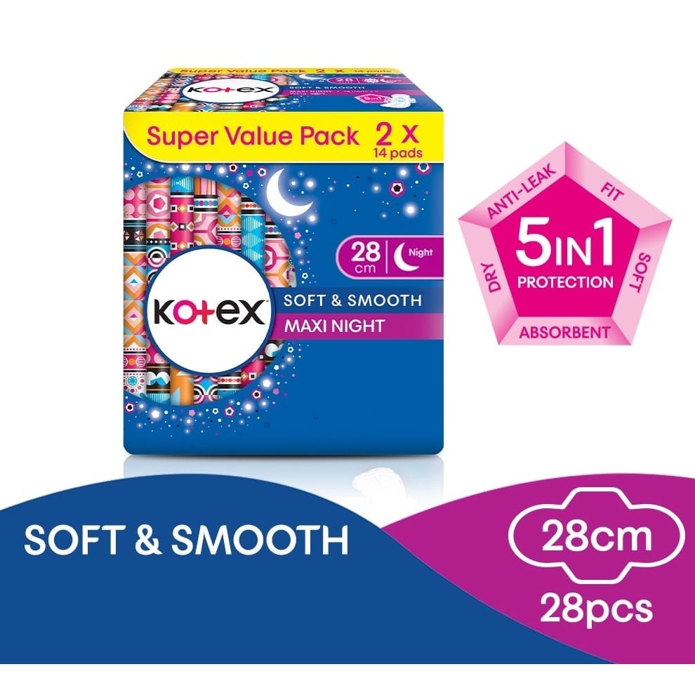 Kotex Soft Smooth Maxi Night Wing 28cm 2 X 14 Pads 32cm 2 X12