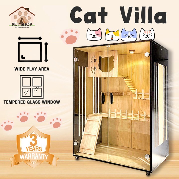 Ready Stock Cat Villa Solid Wood Cat Cage Premium Wood Tempered Glass