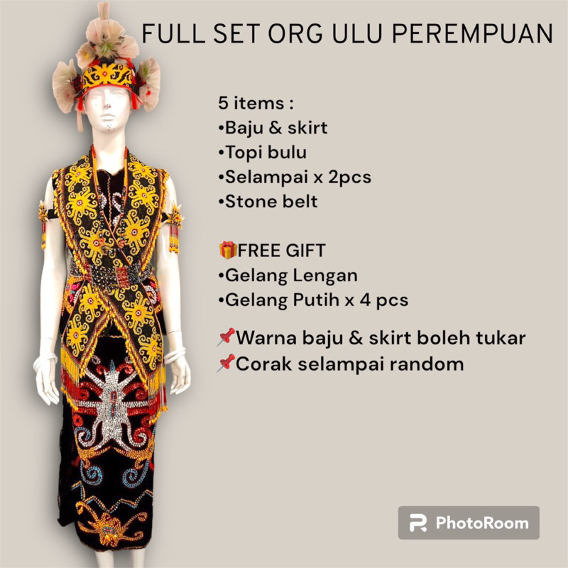 Full Set Pakaian Perempuan Etnik Tradisional Orang Ulu Kenyah Kayan