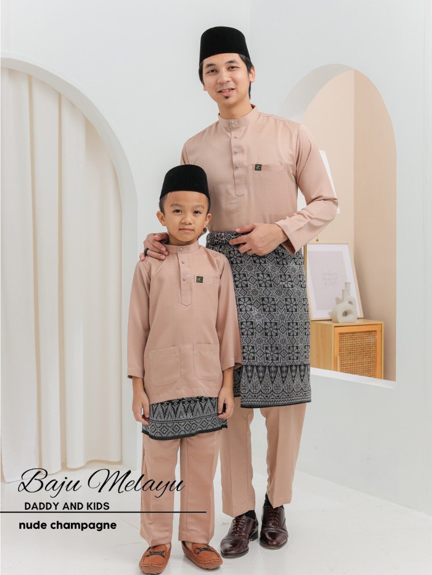 Warna Nude Champagne Baju Melayu Moden Cekak Musang Set Sedondon Ayah